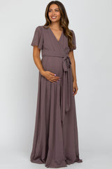 Mauve Chiffon Short Sleeve Maternity Maxi Dress