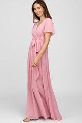 Pink Chiffon Short Sleeve Maxi Dress