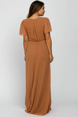 Camel Chiffon Short Sleeve Maternity Maxi Dress