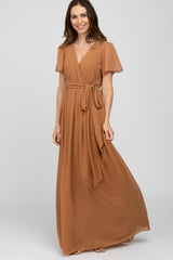 Camel Chiffon Short Sleeve Maternity Maxi Dress