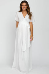 White Chiffon Short Sleeve Maternity Maxi Dress