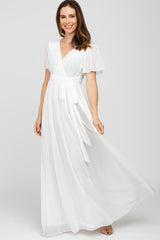 White Chiffon Short Sleeve Maxi Dress