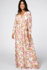 Ivory Floral Chiffon Long Sleeve Pleated Maxi Dress