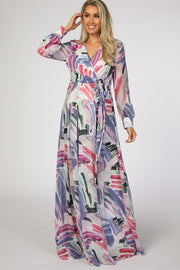 Blue Chiffon Stripe Print Maternity Maxi Dress