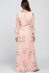 Peach Chiffon Long Sleeve Pleated Maternity Maxi Dress