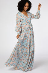 Blue Floral Chiffon Maternity Maxi Dress