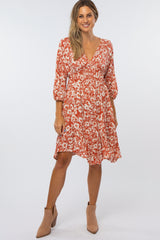 Rust Floral V-Neck Dress