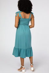 Teal Self-Tie Smocked Midi Dress