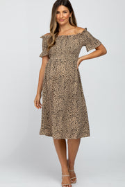 Taupe Animal Print Off Shoulder Maternity Dress