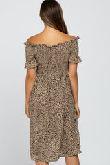 Taupe Animal Print Off Shoulder Maternity Dress