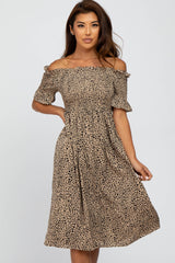 Taupe Animal Print Off Shoulder Dress