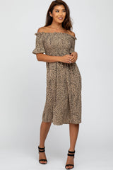 Taupe Animal Print Off Shoulder Maternity Dress