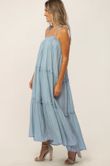 Light Blue Tie Strap Ruffle Maxi Dress