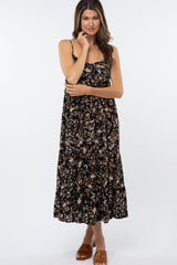 Black Floral Print Tiered Maternity Midi Dress