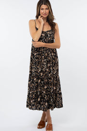 Black Floral Print Tiered Midi Dress