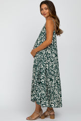 Green Floral Sleeveless Pleated Maternity Maxi Dress