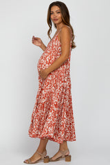 Red Floral Sleeveless Pleated Maternity Maxi Dress