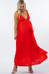 Red Deep V-Neckline Maternity Maxi Dress