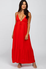 Red Deep V-Neckline Maternity Maxi Dress