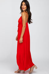 Red Deep V-Neckline Maxi Dress