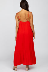 Red Deep V-Neckline Maxi Dress