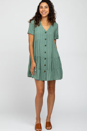 Green Leaf Print Button Front Dress