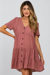 Burgundy Leaf Print Button Front Maternity Dress