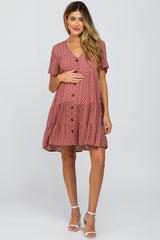 Burgundy Leaf Print Button Front Maternity Dress