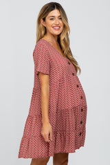 Burgundy Leaf Print Button Front Maternity Dress