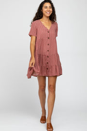 Burgundy Leaf Print Button Front Dress