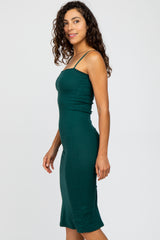 Forest Green Square Neck Ribbed Fitted Midi Dress