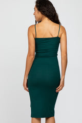 Forest Green Square Neck Ribbed Fitted Midi Dress