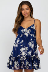 Navy Floral Striped Babydoll Maternity Mini Dress