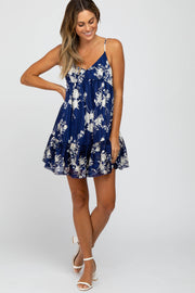 Navy Floral Striped Babydoll Mini Dress