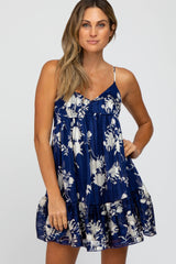 Navy Floral Striped Babydoll Mini Dress