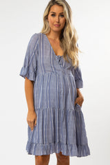 Blue Striped Leaf Print Maternity Dress