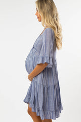 Blue Striped Leaf Print Maternity Dress