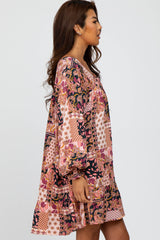 Magenta Floral Patchwork Print Tassel Tie Dress