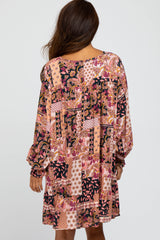 Magenta Floral Patchwork Print Tassel Tie Dress