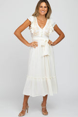 Cream Embroidered Waist Tie Ruffle Midi Dress