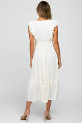 Cream Embroidered Waist Tie Ruffle Midi Dress