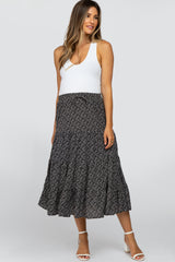 Black Floral Print Pleated Tier Maternity Midi Skirt