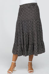 Black Floral Print Pleated Tier Maternity Midi Skirt