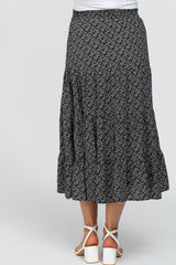 Black Floral Print Pleated Tier Maternity Midi Skirt