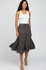 Black Floral Print Pleated Tier Midi Skirt