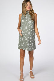 Light Olive Ribbed Floral Mock Neck Maternity Dress