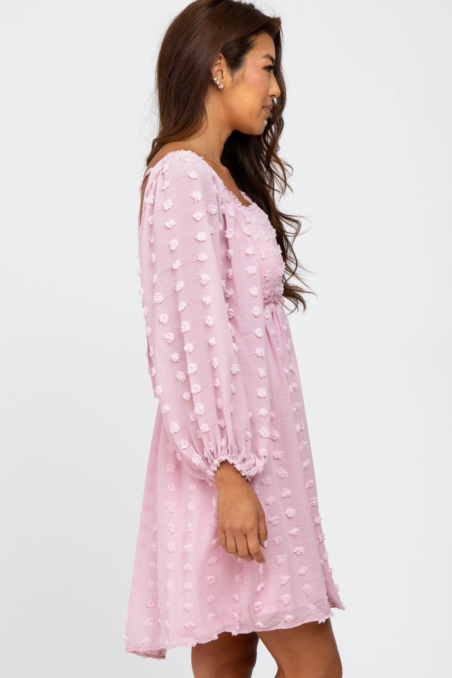 Pink Textured Dot Smocked Square Neck Chiffon Dress– PinkBlush