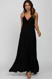 Black Sleeveless Pleated V-Neck Ruffle Trim Maternity Maxi Dress