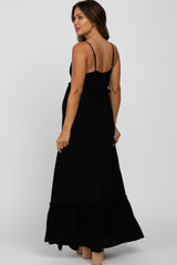 Black Sleeveless Pleated V-Neck Ruffle Trim Maternity Maxi Dress