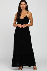 Black Sleeveless Pleated V-Neck Ruffle Trim Maxi Dress